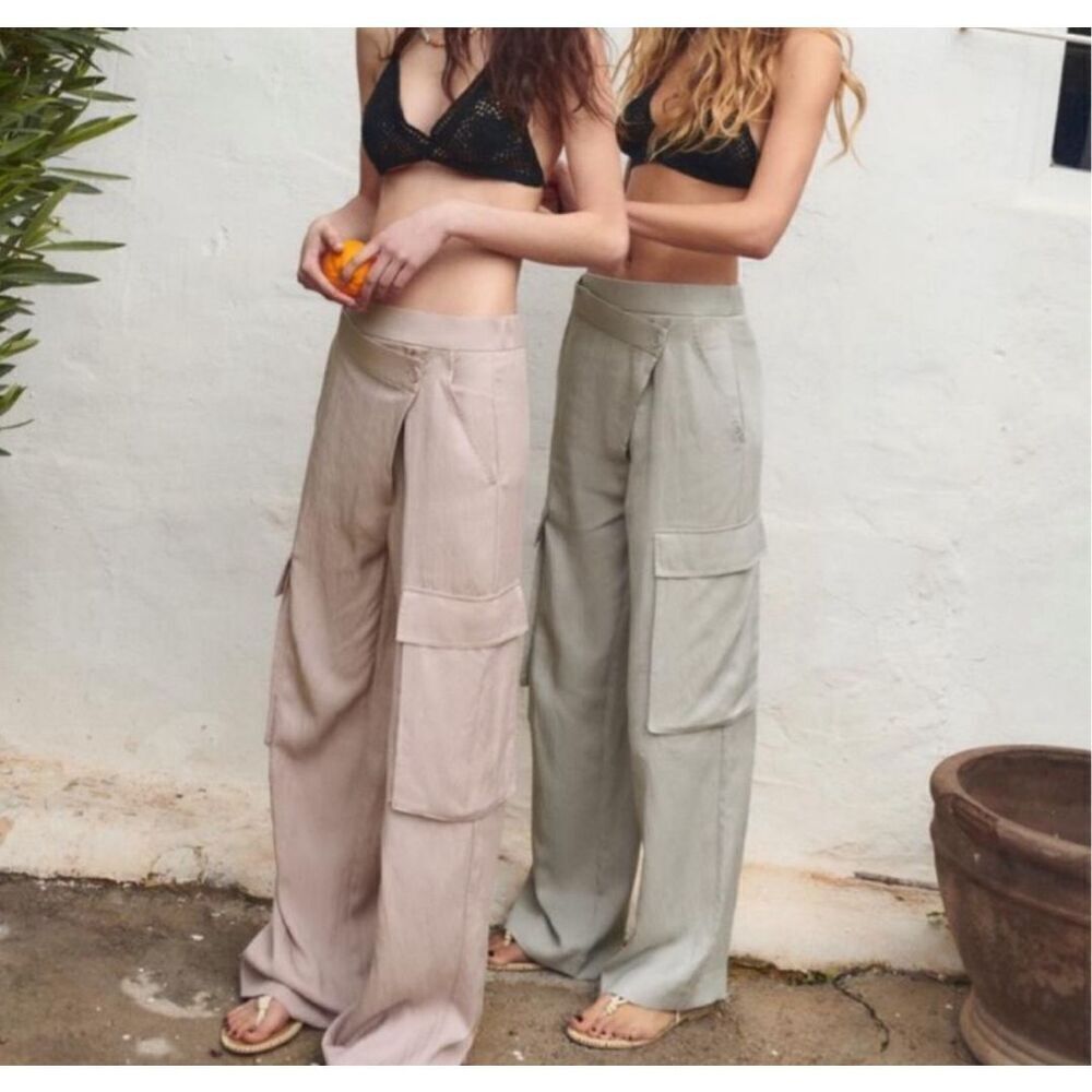 Zara Womens Light Green Asymmetric Wide Leg Full Length Cargo Pants XS